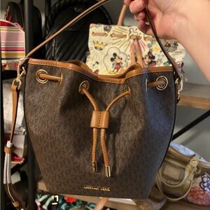 Michael Kors Brown Logo Drawstring Crossbody Bucket Bag with Tan Trim